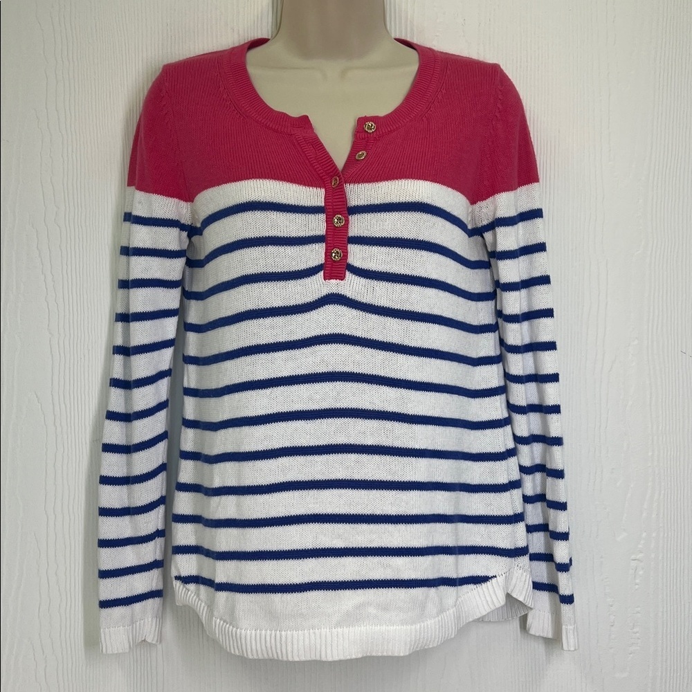 Lilly Pulitzer - Adair Beach Getaway Blue Stripe Long Sleeve Sweater Size Small - Picture 2 of 10